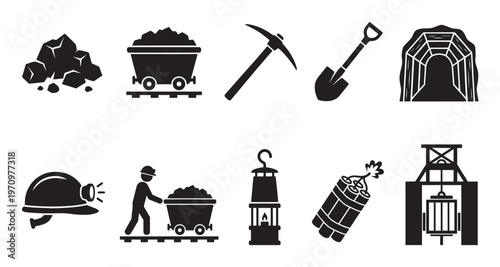 Collection of black mining icons including coal, cart, pickaxe, shovel, mine entrance, helmet, miner, lamp, dynamite, and hoist lift.