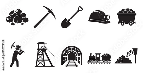 A collection of black silhouette icons representing coal mining, including coal, pickaxe, shovel, helmet, cart, miner, shaft, tunnel, train, and conveyor.