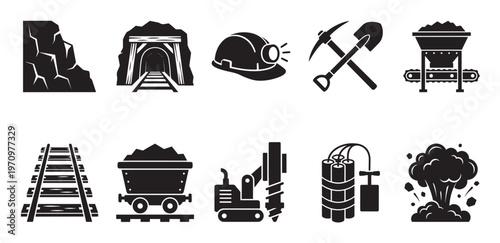 A collection of black and white icons depicting various aspects of mining, including tools, equipment, and a mine entrance.
