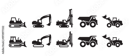 A clean set of black silhouette icons featuring various construction vehicles like bulldozers, excavators, dump trucks, and front loaders on a white background.