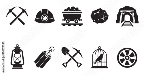 A collection of black and white silhouette icons representing coal mining, including tools, safety equipment, and the mine entrance.
