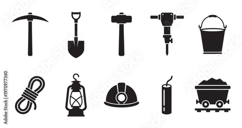 A set of black silhouette icons representing various mining tools including a pickaxe, shovel, hammer, jackhammer, bucket, rope, lantern, helmet, dynamite, and minecart on white.