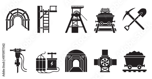A collection of black graphic icons representing various mining industry equipment, tools, and infrastructure on a white background.