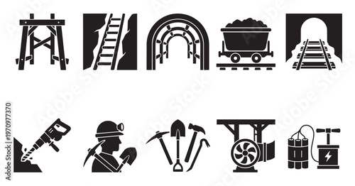 A collection of black and white silhouette icons representing various aspects of mining operations, including equipment, tunnels, and miners.