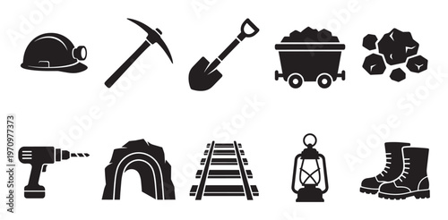 Collection of black silhouette icons representing mining industry elements including a helmet, pickaxe, shovel, coal cart, coal, drill, mine entrance, tracks, lantern, and boots.