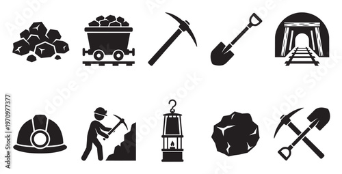 A collection of black and white silhouette icons representing various aspects of the mining industry, including tools, equipment, and raw materials.
