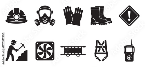 Collection of black safety equipment icons, including hard hat, gas mask, gloves, boots, warning sign, miner, fan, stretcher, harness, and radio, on a white background.