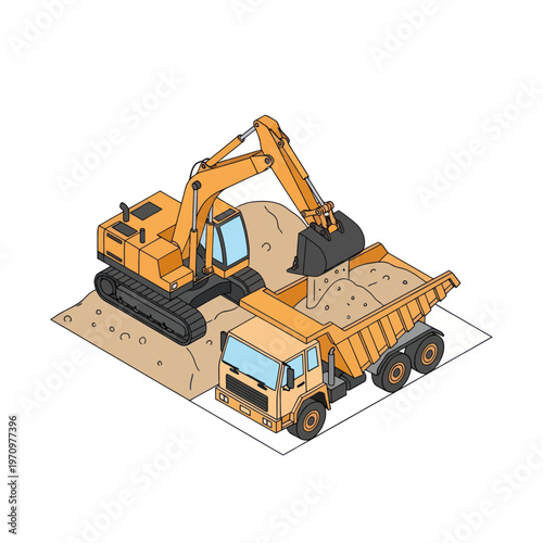 Excavator Loading Sand Into Dump Truck Construction Site Scene.