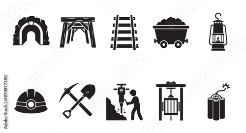 A collection of black and white vector icons representing various elements of the mining industry, including tools, equipment, and safety gear.