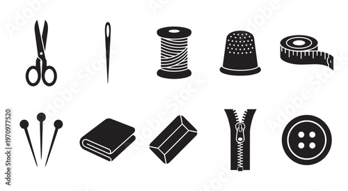 A clean, minimalist collection of black silhouette icons representing essential sewing and tailoring tools on a white background.