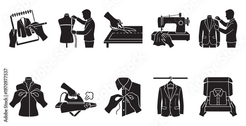 A collection of simple black and white silhouette icons illustrating the entire custom tailoring and clothing creation process from design to packaging.