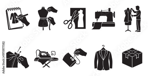 A collection of minimalist black silhouette icons representing various fashion design and sewing processes, from sketching and measuring to sewing, ironing, and packaging.
