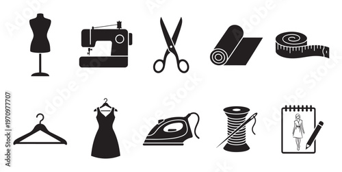 A collection of black silhouette icons depicting various sewing and fashion design tools and items against a white background, perfect for creative projects.
