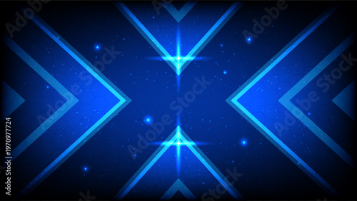 Futuristic dark blue digital background featuring neon glowing arrow shapes, stars and hexagonal mesh texture