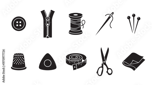 Collection of black silhouette icons representing various sewing and tailoring tools, including a button, zipper, thread, needle, pins, thimble, chalk, tape measure, scissors, and fabric.