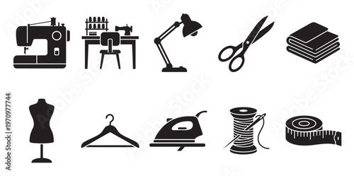 This is a collection of black silhouette icons representing sewing and tailoring tools, perfect for creative projects related to fashion and crafts.
