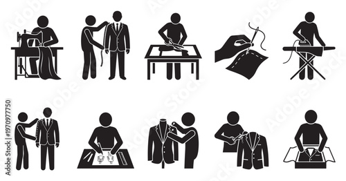 This graphic set illustrates a tailor's workflow for creating a suit, from design and sewing to fitting and packaging, using clean, modern icons on a white background.