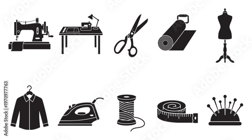 A collection of black silhouette icons depicting sewing and tailoring tools, including a sewing machine, scissors, fabric, and a mannequin, perfect for fashion and crafting projects.
