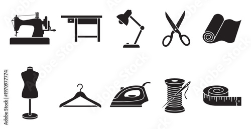 A collection of black silhouette icons representing sewing and tailoring tools including a sewing machine, desk, lamp, scissors, fabric roll, mannequin, hanger, iron, thread, and tape measure.
