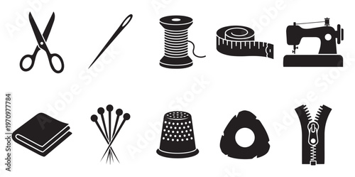 A collection of black silhouette icons depicts various sewing tools including scissors, needle, thread, tape measure, sewing machine, fabric, pins, thimble, button, and zipper.