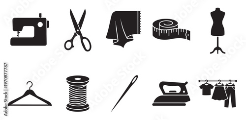 A collection of black silhouette icons representing sewing and tailoring tools and items, including a sewing machine, scissors, fabric, measuring tape, and mannequin.