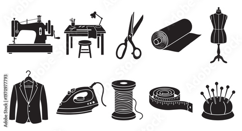 A collection of black silhouettes on a white background depicts various sewing and tailoring tools including a sewing machine, scissors, fabric, and a mannequin.