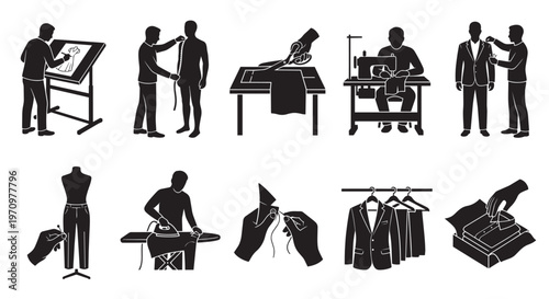 A collection of black and white silhouette icons illustrating the steps involved in tailoring and making custom clothing from design to delivery.