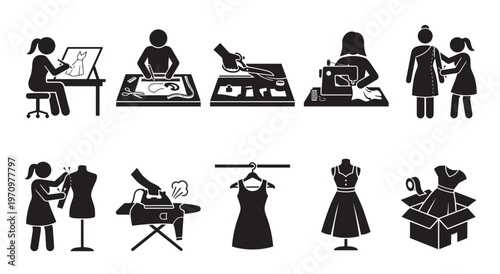 A collection of silhouette icons illustrating various stages of fashion design and dressmaking, from sketching and sewing to fitting and packaging.