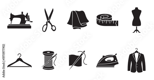 A collection of black silhouette icons representing sewing and tailoring tools, including a sewing machine, scissors, fabric, measuring tape, mannequin, and iron.
