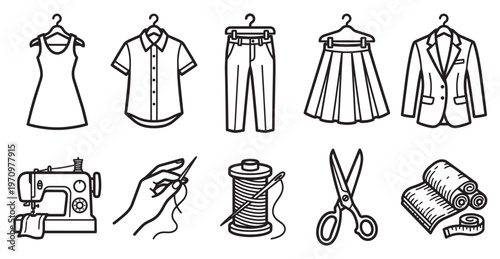 A collection of line art icons depicting various fashion items and sewing tools, perfect for design and crafting concepts.