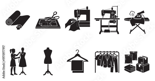 This black and white icon set depicts various stages of garment creation and fashion industry processes, including fabric, cutting, sewing, ironing, tailoring, and packaging.