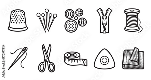A clean and simple vector illustration featuring a collection of essential sewing tools, perfect for craft and fashion projects.