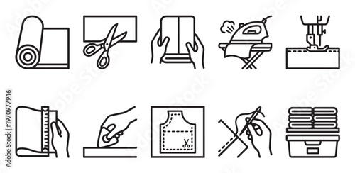 A collection of black and white outline icons illustrating the sewing process including fabric, cutting, ironing, and machine stitching.
