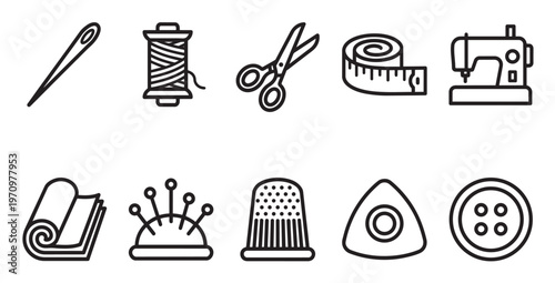 A clean, flat design icon set featuring essential sewing tools like a needle, thread, scissors, measuring tape, sewing machine, fabric, pin cushion, thimble, chalk, and button.
