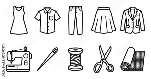 A collection of simple black and white line art icons representing clothing items and sewing tools, perfect for design and crafting themes.