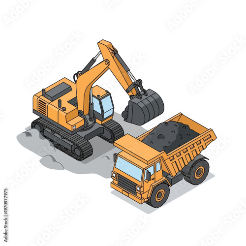 Heavy machinery at work - excavator loading a dump truck with material.