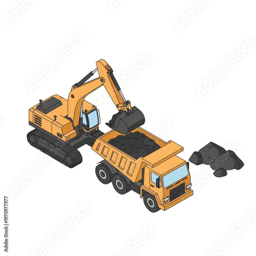Heavy machinery at work an excavator loading a dump truck.