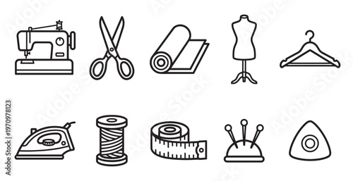 A collection of black and white outline icons representing sewing tools such as a sewing machine, scissors, fabric, mannequin, hanger, iron, thread, tape measure, pin cushion and chalk.