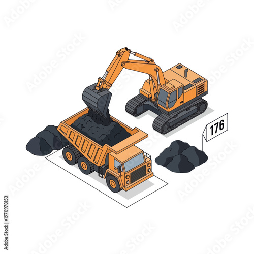 Heavy machinery excavating and loading coal into a dump truck.