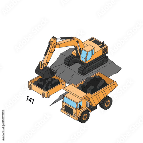 Heavy machinery excavating and loading coal into a dump truck.