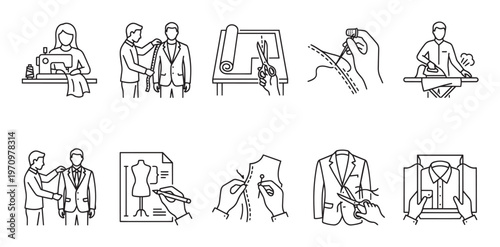 A collection of simple line art icons illustrating various stages of tailoring and fashion design, from sewing and measuring to cutting and ironing.