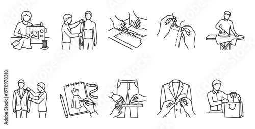 A collection of simple line art icons illustrating the tailoring process from design and measurements to sewing and finishing.
