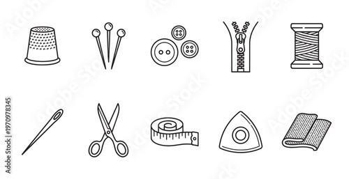 A collection of clean line art icons representing various sewing tools like a thimble, pins, buttons, zipper, thread, needle, scissors, tape measure, chalk, and fabric on a white background.