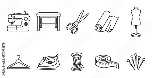 A collection of line art icons representing various sewing and tailoring tools arranged in two rows on a white background.
