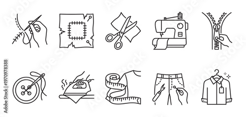 A collection of clean, modern line icons representing various sewing and tailoring tasks and tools.