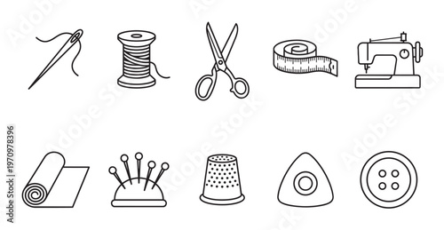 A collection of clean, outline icons depicting various sewing tools on a white background, perfect for craft or textile related designs.
