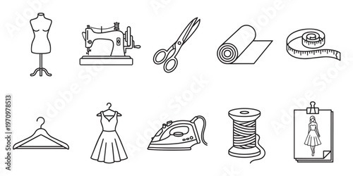 A collection of black and white line art icons representing various sewing and fashion design tools, ideal for websites or creative projects.