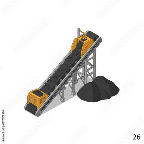 Industrial conveyor belt system transporting coal with a pile of coal nearby.