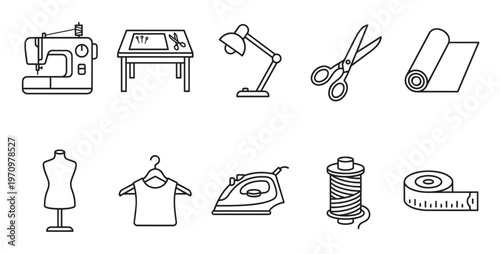 A collection of black line art icons depicting various sewing and tailoring tools, including a sewing machine, scissors, iron, and measuring tape.