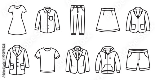 A minimalist vector graphic collection of ten diverse clothing items, presented as line art on a clean white background, suitable for fashion and design concepts.